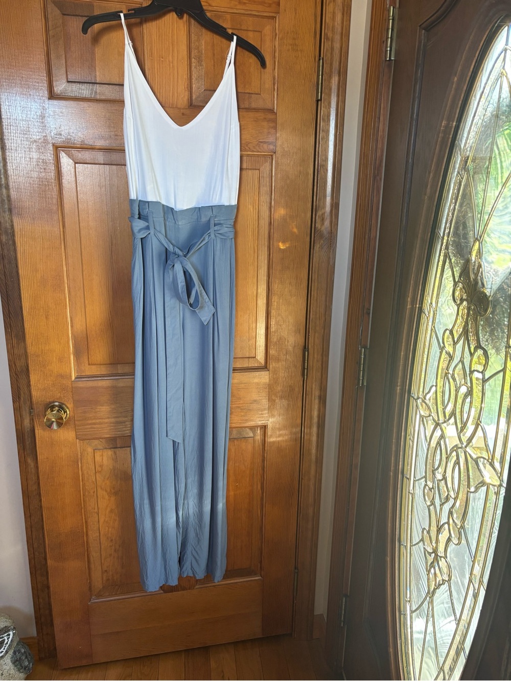 Altar'd State White & Dusty Blue Two-Tone V-Neck Jumpsuit with Waist Tie